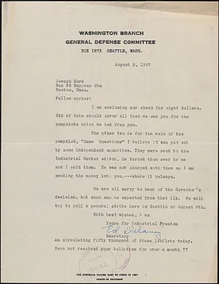 Ed Delaney (General Defense Committee. Washington Branch) typed letter signed to Joseph Moro, Seattle, Wash., August 5, 1927