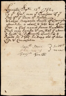Frances Hamilton indentured to apprentice with Benjamin Smith, Jr. of Lexington, 14 March 1742