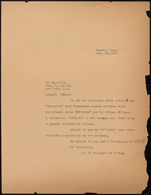 Sacco-Vanzetti Defense Committee typed note (copy), in Italian, to Carlo Tresca (Il Martello), Boston, Mass., June 30, 1927
