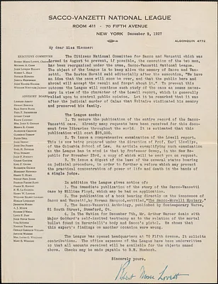 Robert Morss Lovett (Sacco-Vanzetti National League) typed letter to Miss Wiesner, New York. N. Y., December 9, 1927