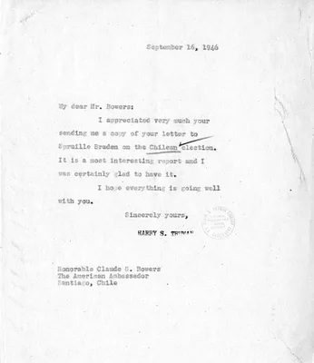 Correspondence Between President Harry S. Truman and Ambassador Claude Bowers, with Attachment