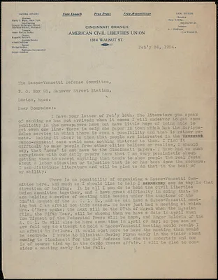 Mary D. Brite (American Civil Liberties Union) typed letter signed to Sacco-Vanzetti Defense Committee, Cincinnati, Ohio, February 24, 1924