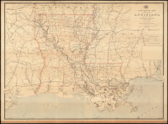 Post route map of the State of Louisiana with adjacent parts of Mississippi, Arkansas, and Texas showing post offices with the intermediate distances and mail routes in operation on the 1st. of October 1891