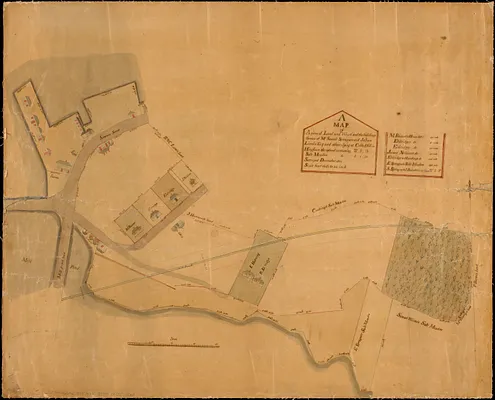 A map of a piece of land and wharf and the buildings thereon of Mr. Samuel Sprague's and Jotham Lincoln Esq. and others lying at Cobbs Hill in Hingham the upland contaning 12 acres, 0 r. 20 rods