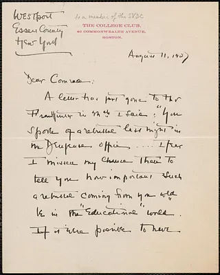 Jeannette Marks autograph note signed to [Sacco-Vanzetti Defense Committee], Westport, N. Y., August 11, 1927