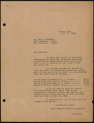 Sacco-Vanzetti Defense Committee typed letter (copy) to Henry Greenberg, Boston, Mass., September 17, 1925