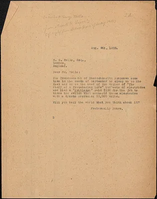 Sacco-Vanzetti Defense Committee typed note (copy) to H. G. Wells, Boston, Mass., August 8, 1923