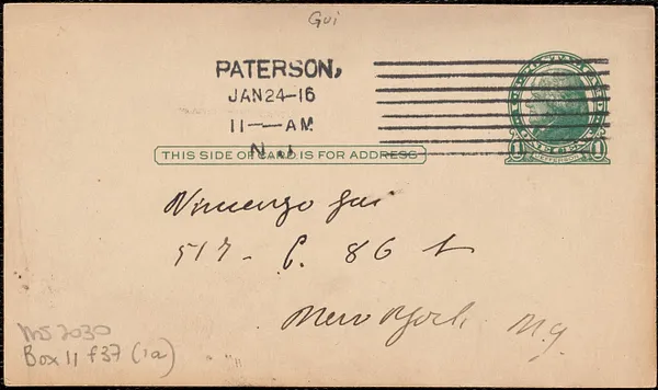 G. Gallo (Liberia Sociologica) autograph note signed (postcard), in Italian, to Vincenzo Gui, Paterson, N. Y., January 24, [1921?]