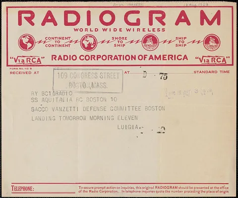 Luigia Vanzetti telegram to Sacco-Vanzetti Defense Committee, Steamship Aquitalia, August 18, 1927