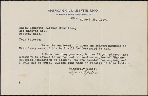 Ida Epstein (American Civil Liberties Union) typed note to Sacco-Vanzetti Defense Committee, New York, N. Y., August 29, 1927