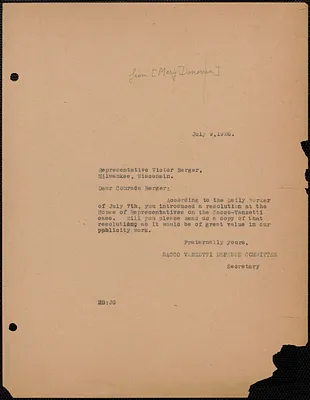 Mary Donovan(Sacco-Vanzetti Defense Committee) typed letter (copy) to Victor L. Berger, Boston, Mass., July 9, 1926