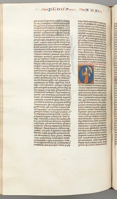 Fol. 361v, Habbakuk, historiated initial O, Habbakuk holding a basket and two stones, seized by the hair by an angel