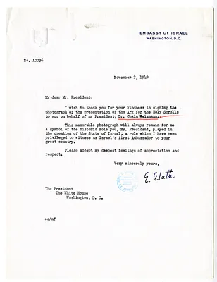 Letter from Ambassador Eliahu Elath to President Harry S. Truman