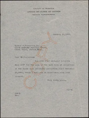 Letter from Robert B. Worthington, Clerk of Courts (Norfolk County) to Walter F. Frederick, Clerk of Courts (Supreme Judicial Court)