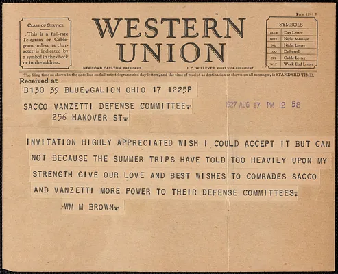 William Montgomery Brown telegram to Sacco-Vanzetti Defense Committee, Galion, Ohio, August 17, 1927