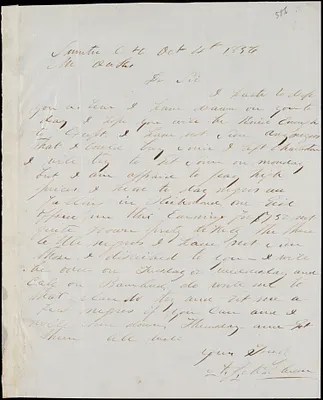 A. J. McElveen, Sumter Court House, S.C., autograph note signed to Ziba B. Oakes, 4 October 1856