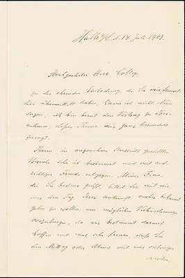 Riehl, Alois, 1844-1924 autograph letter signed to Hugo Münsterberg, Halle/S. Ger., 14 July 1903