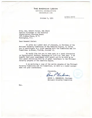 Letter to Brig. Gen. Robert Cutler from Bruce P. Henderson, with Attachments