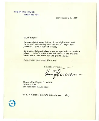 Letter from Harry S. Truman to Edgar Hinde