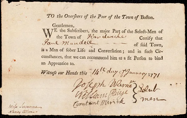 Ann Allen indentured to apprentice with Paul Mandell of Hardwick, 26 February 1771