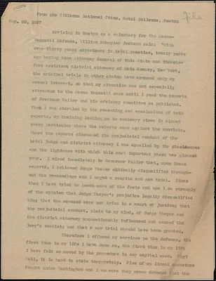 Citizens National Committee for Sacco and Vanzetti press release (copy), Boston, Mass., August 20, 1927