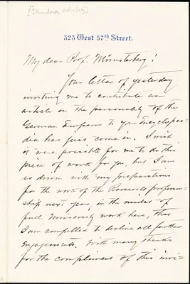 Burgess, John William, 1844-1931 autograph letter signed to Hugo Münsterberg, New York, 16 January 1906