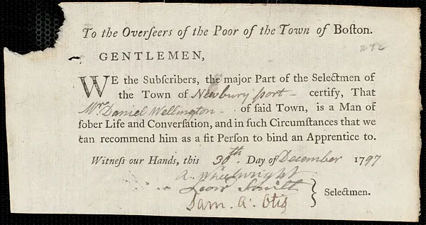 Richard Galley [Legalley] indentured to apprentice with Daniel Wellington of Newburyport, 30 December 1797