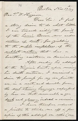 George W. Carnes autograph letter signed to Thomas Wentworth Higginson, Boston, 17 November [18]59