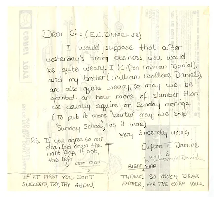 Note from Clifton Truman Daniel and William Daniel to Clifton Daniel