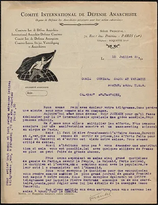 Ferandel (Comité International de Défense Anarchiste) typed letter signed, in French, to Sacco-Vanzetti Defense Committee, Paris, France, July 12, 1927