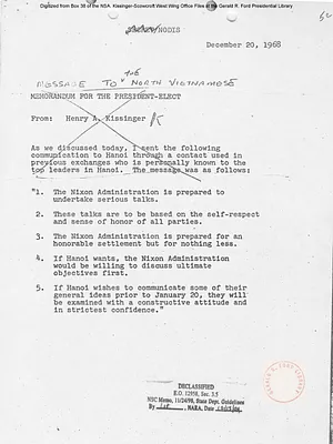 Memorandum from Henry Kissinger Regarding Communications with Hanoi, North Vietnam Prior to January 20, 1969