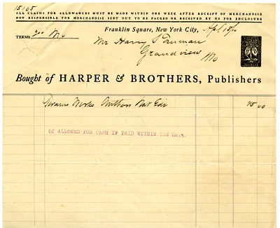 Bill from Harper and Brothers Publishers to Harry S. Truman
