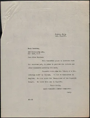 Mary Donovan (Sacco-Vanzetti Defense Committee) typed note (copy) to Mary Burnham, Boston, Mass., October 13, 1927
