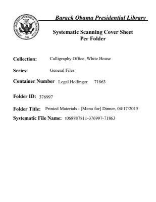 Printed Materials - [Menu for] Dinner, 04/17/2015