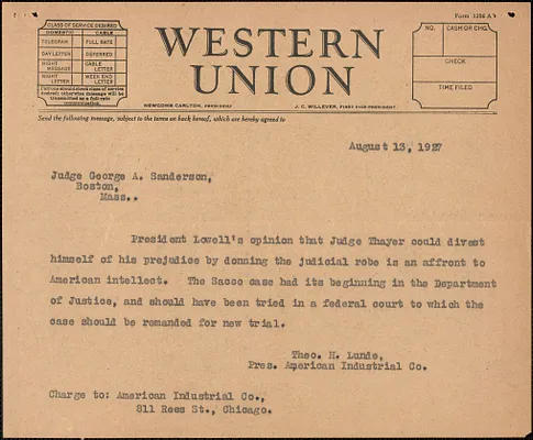 Theo. H. Lunde (American Industrial Co.) telegram (copy) to George A. Sanderson, Chicago, Ill., August 13, 1927