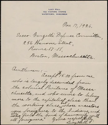 Lucy Hall autograph letter signed to Sacco-Vanzetti Defense Committee, Watertown, Wis., November 17, 1926