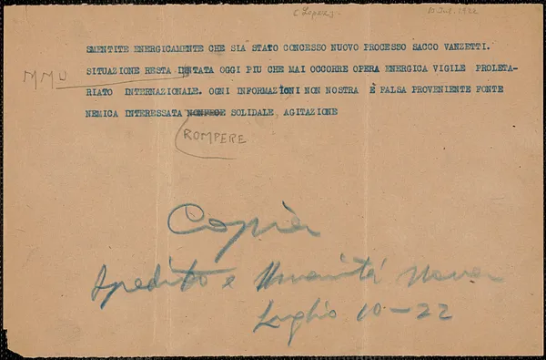Frank R. Lopez telegram (copy), in Italian, Boston, Mass., July 10, 1922