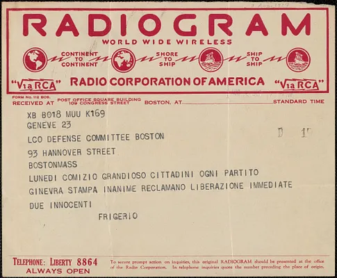 Carlo Frigerio telegram, in Italian, to Sacco-Vanzetti Defense Committee, Geneva, Switzerland, August 9, 1927