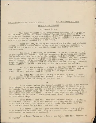 [Eugene Lyons] typed document, [Boston, Mass., 1923?]: Watch Judge Thayer!