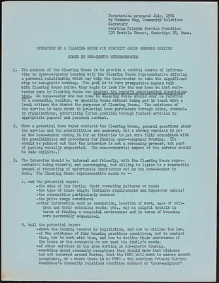 “Operation of a Clearing House for Minority Group Members Seeking Homes in Non-Ghetto Neighborhoods”