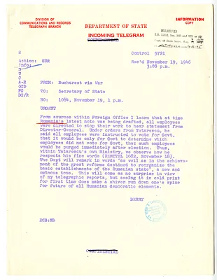 Telegram from Burton Berry to the Secretary of State