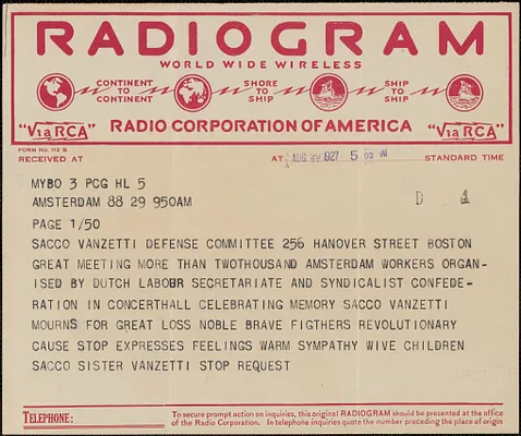 Dutch Labour Secretariate and Sneevliet Syndicalist telegram to Sacco-Vanzetti Defense Committee, Amsterdam, Netherlands, August 29, 1927