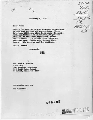 February 5, 1986 Letter from Ronald Reagan to John A. Howard, Regarding the Space Shuttle Challenger Accident