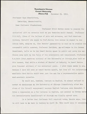 Faust, Albert Bernhardt, 1870-1951 typed letter signed to Hugo Münsterberg, Ithaca, N.Y., 23 November 1912