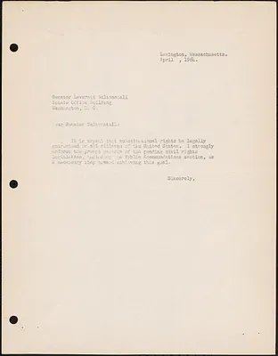 Letter to Senator Leverett Saltonstall about the passage of pending civil rights legislation