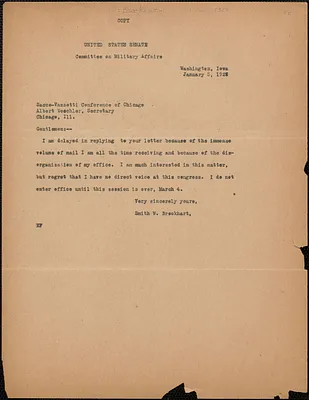 Smith W. Brookhart typed note signed to Sacco-Vanzetti Conference of Chicago, Washington, Iowa, January 5, 1928