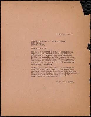 Sacco-Vanzetti Defense Committee typed letter (copy) to James M. Curley, Boston, Mass., July 23, 1930