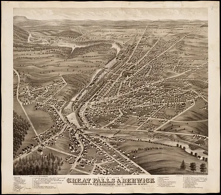 Bird's eye view of Great Falls, Strafford Co., New Hampshire & Berwick, York Co., Maine, 1877