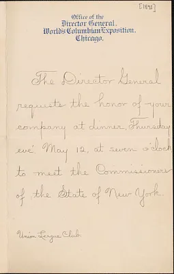 Union League Club autograph note to [Victoria Woodhull Martin, Chicago, 1893?]