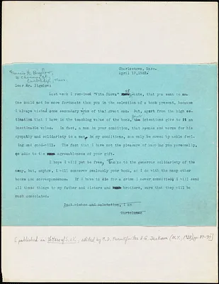 Bartolomeo Vanzetti typed letter (copy) to [Francis H.] Bigelow, Charlestown, 13 April 1922